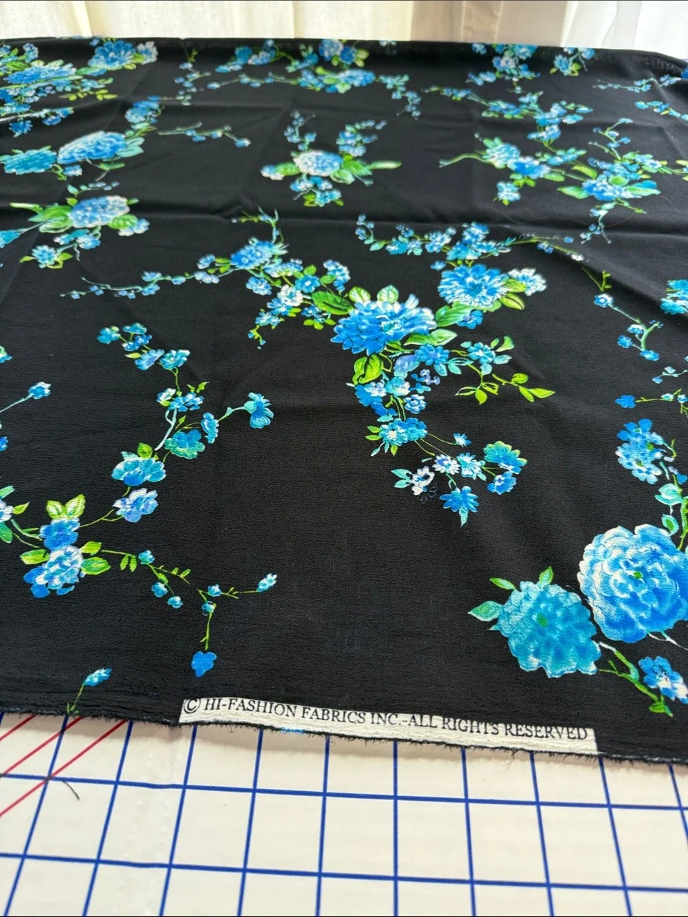 Suggested Title  Vintage 1980s Blue/Black Floral Polyester Dress Fabric 1.5 Yds